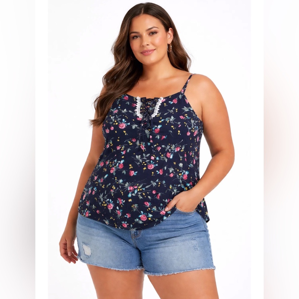 Women's camisole navy blue spaghetti straps moody floral Romantic Soft Girl 1XL